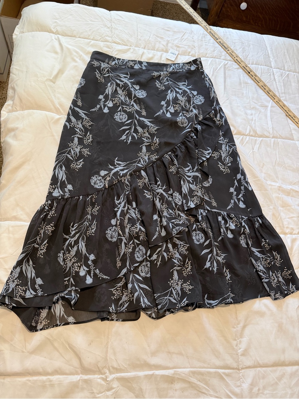Ann Taylor Gray, White and Blue Floral Asymmetrical Ruffle Midi Skirt